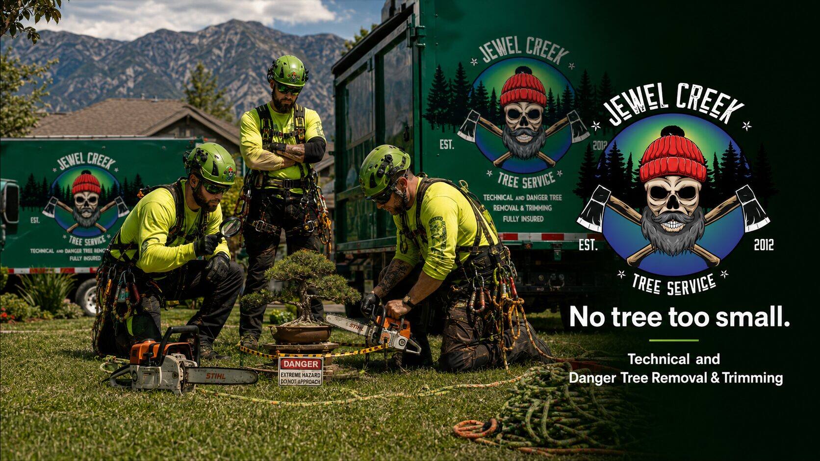 Jewel Creek Tree Service crew in full PPE with chainsaws around a single bonsai tree, with a DANGER tape perimeter