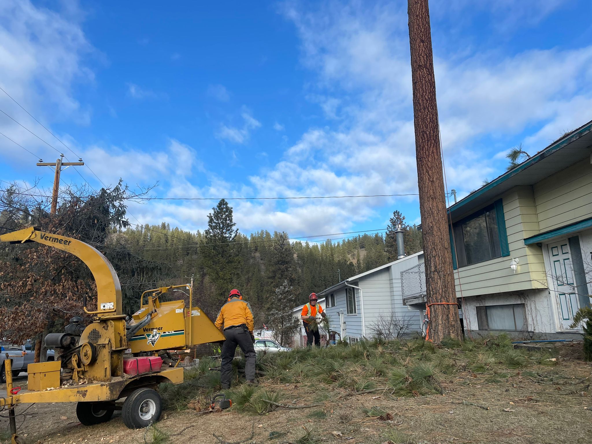 Crew working with chipper truck on residential job