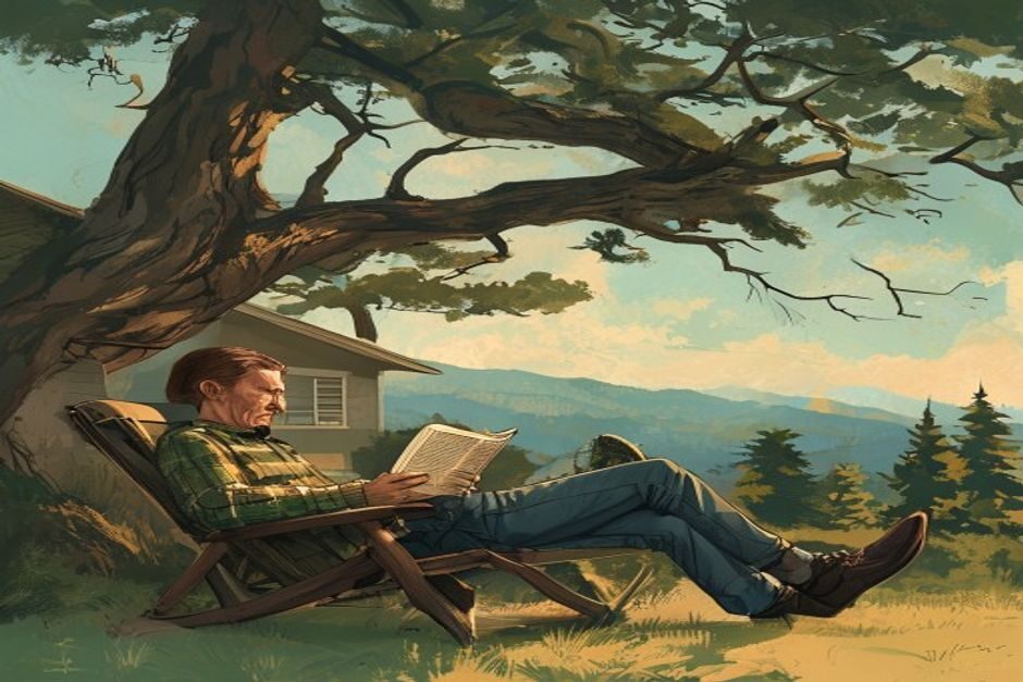 A relaxed homeowner reads a book in a lawn chair beneath a large tree leaning over his house