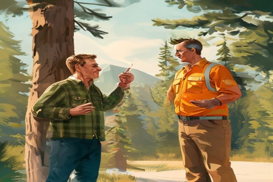 A homeowner holds up one finger, negotiating with a patient arborist beside the tree