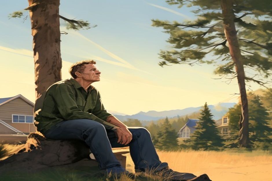 A homeowner sits slumped on a stump, looking up at an empty patch of sky