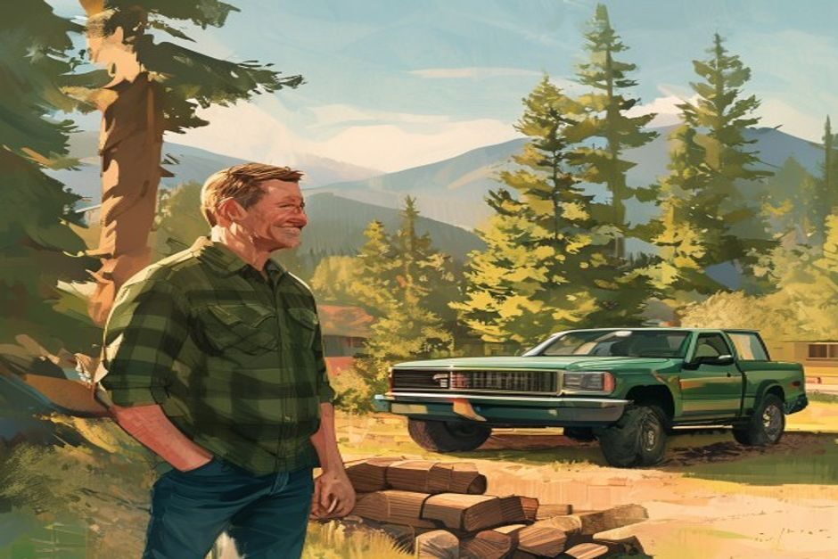 A content homeowner in a sunny yard with a stack of firewood and a green pickup truck