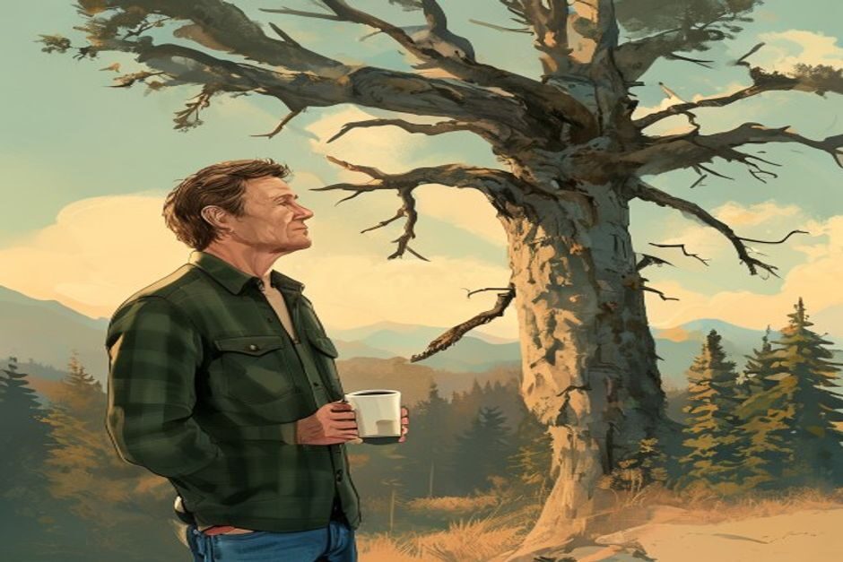 A homeowner with a coffee mug gazes up at a large, aging tree at golden hour