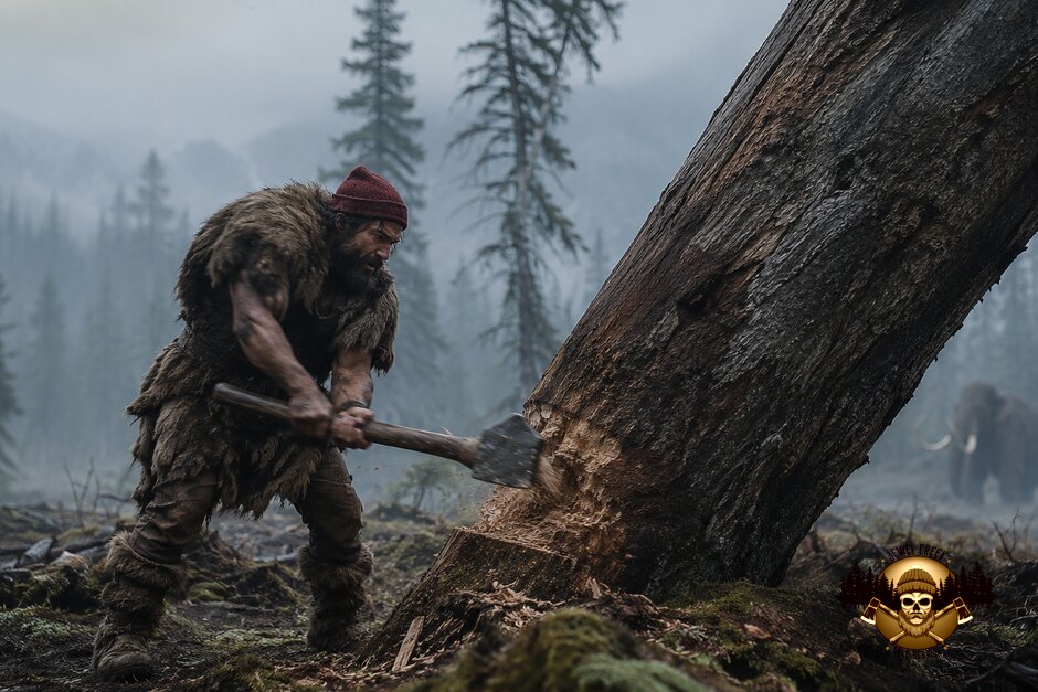A bearded caveman in furs and a red knit cap swinging a stone axe at a large leaning tree, a mammoth in the misty background