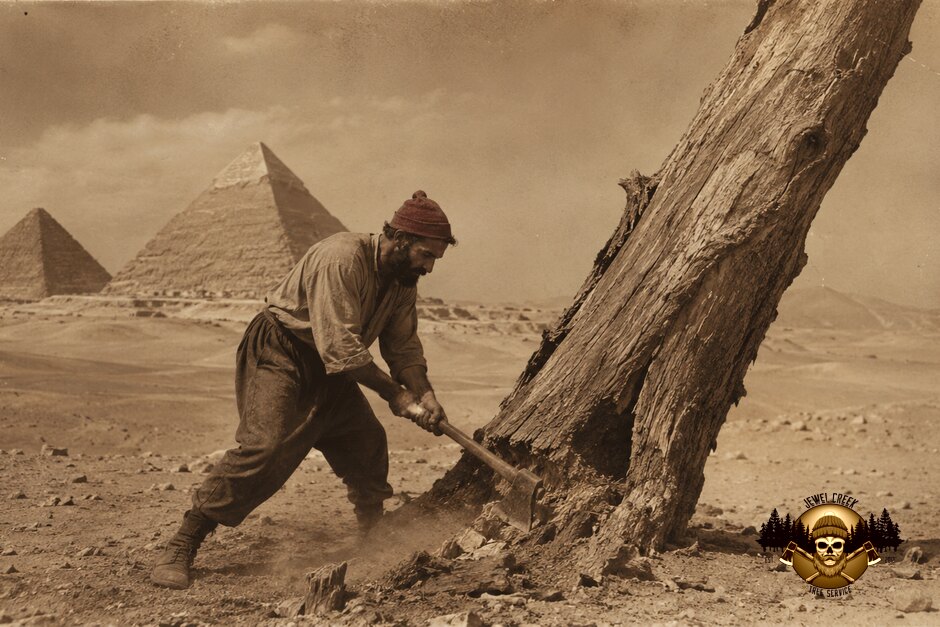 An aged sepia photo of a bearded worker in a red cap chopping a leaning dead tree with an axe, the pyramids of Giza behind