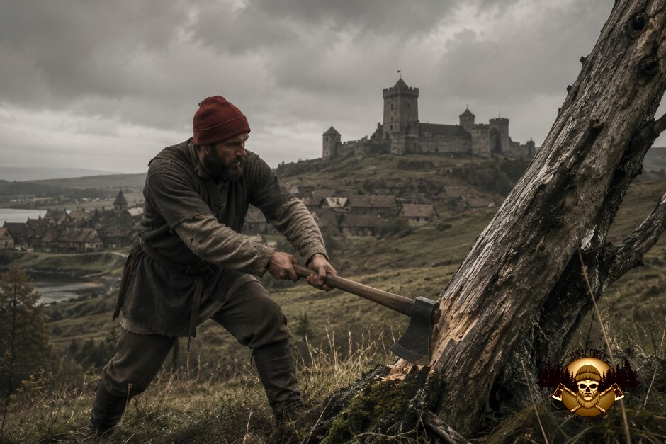 A bearded woodsman in a red cap felling a dead tree with an axe, a stone castle and village behind, overcast sky