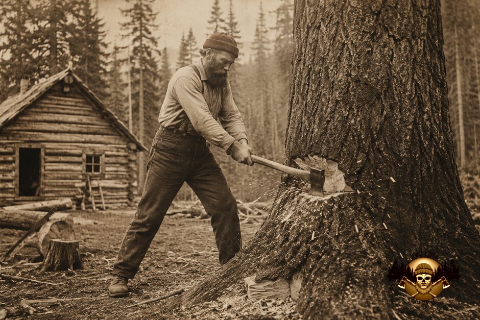 An 1880s sepia photo of a bearded lumberjack in a red cap swinging an axe into the base of a huge tree, a log cabin behind