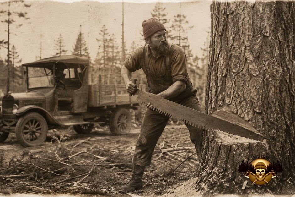 A vintage sepia photo of a lumberjack in a red cap cutting a large tree with a crosscut saw, an early Model T truck behind