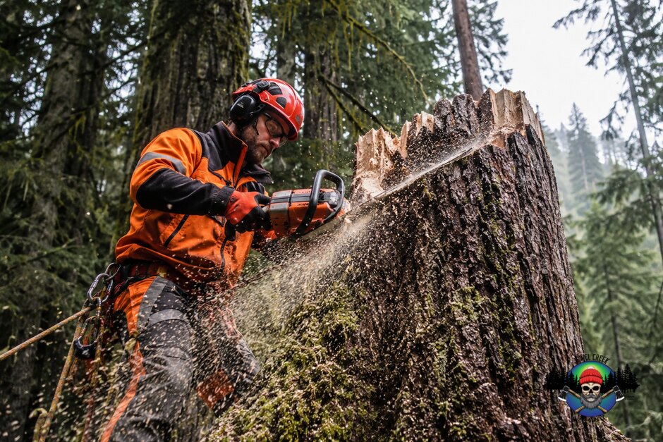 A modern color photo of an arborist in a red cap, helmet and orange hi-vis cutting a large tree with a chainsaw, sawdust spraying
